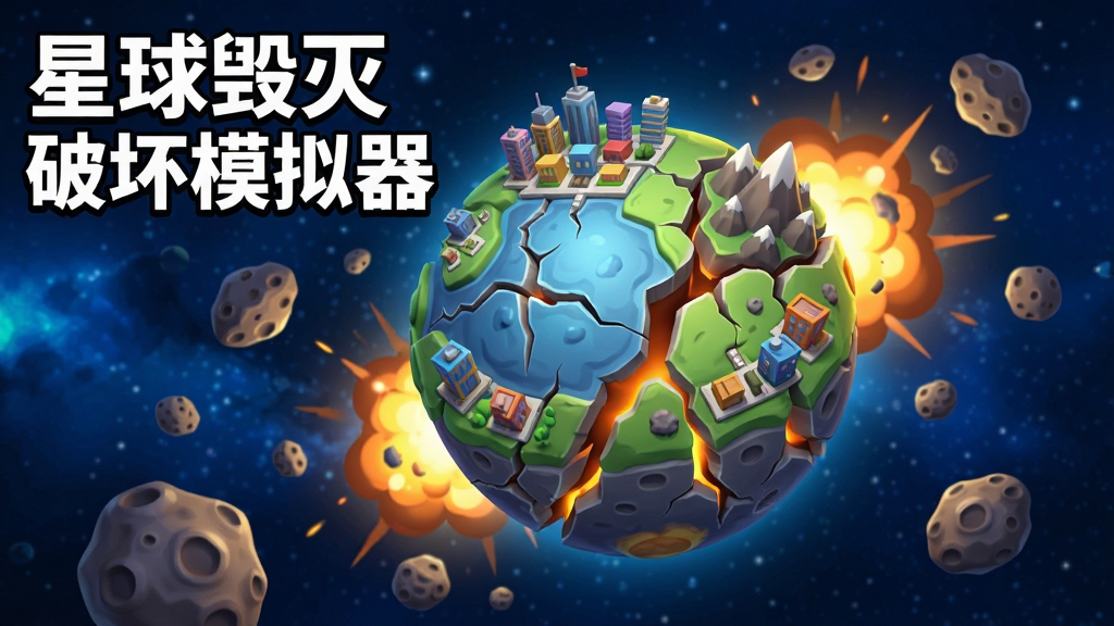 画面中央是一颗被裂纹覆盖的3D卡通星球,星球表面有城市建筑和山脉,周围漂浮着陨石碎片与爆炸火光,背景为深蓝色宇宙星空,画面左上角用白色粗体字写着