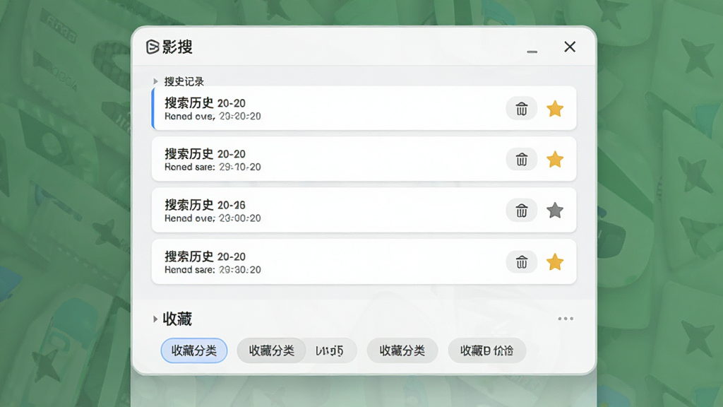 一张AI生成的软件界面示意图,画面主体为「影搜」应用的搜索历史与收藏管理页面,布局为上下结构,顶部为历史记录列表,底部为收藏分类标签,排版整齐,风格为浅色简约卡片风,细节包含时间戳、删除按钮、收藏星标,画质高清,画面干净,无多余元素