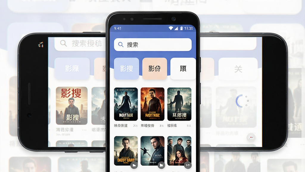 一张手机应用界面展示图,主体是一部竖屏安卓手机,屏幕中央显示「影搜」应用主界面,顶部为搜索框,下方为分类卡片与结果列表,布局简洁清晰,排版上下分层,风格为现代扁平化科技风,细节包含搜索图标、影视封面缩略图、加载动效,画质高清,画面干净,无多余元素
