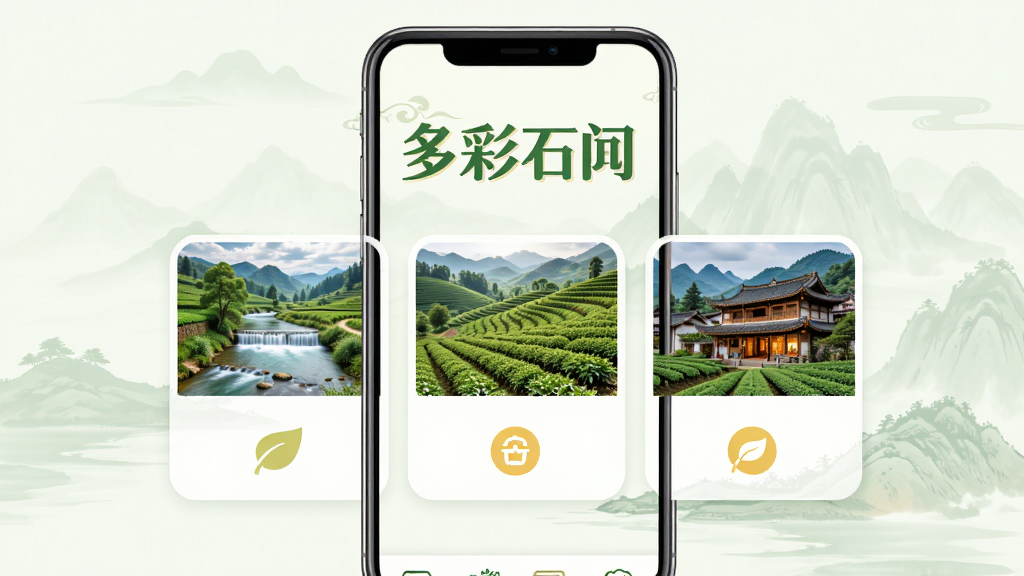 主体为手机屏幕中展示文旅专题页面,页面顶部写“多彩石阡”,下方为温泉、茶园、古村落三张配图卡片并排;布局为手机居中、背景为淡雅山水剪影;排版上专题标题突出、卡片间距均匀;风格为清新文旅宣传风;细节包括绿色与暖黄配色、图标简约;画质清晰干净,无多余元素