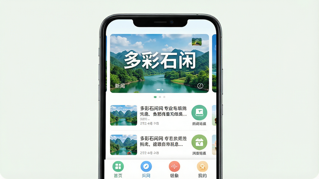主体为一部竖屏安卓手机,屏幕内展示地方资讯类应用首页,顶部轮播图区域用大字写“多彩石阡”,下方为新闻列表卡片与图标导航;布局为手机居中、浅色背景衬托;排版上标题醒目、卡片整齐;风格为清新现代的移动端UI展示风;细节包括青山绿水元素点缀、栏目图标圆润;画质清晰干净,无多余元素
