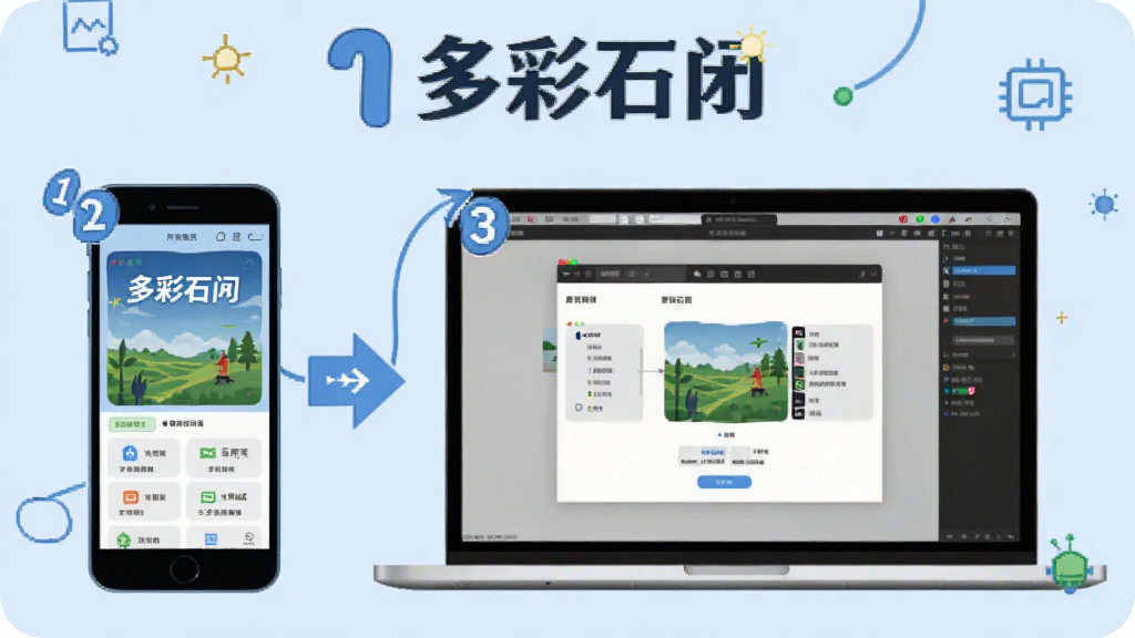 主体为一部手机与一台笔记本电脑并排展示,手机屏幕写“多彩石阡”安装界面,电脑屏幕显示模拟器窗口;布局为左右并列、中间用箭头连接;排版上标题居上、步骤编号清晰;风格为科技教程插画风;细节包括浅蓝背景、简洁图标、步骤数字醒目;画质清晰干净,无多余元素