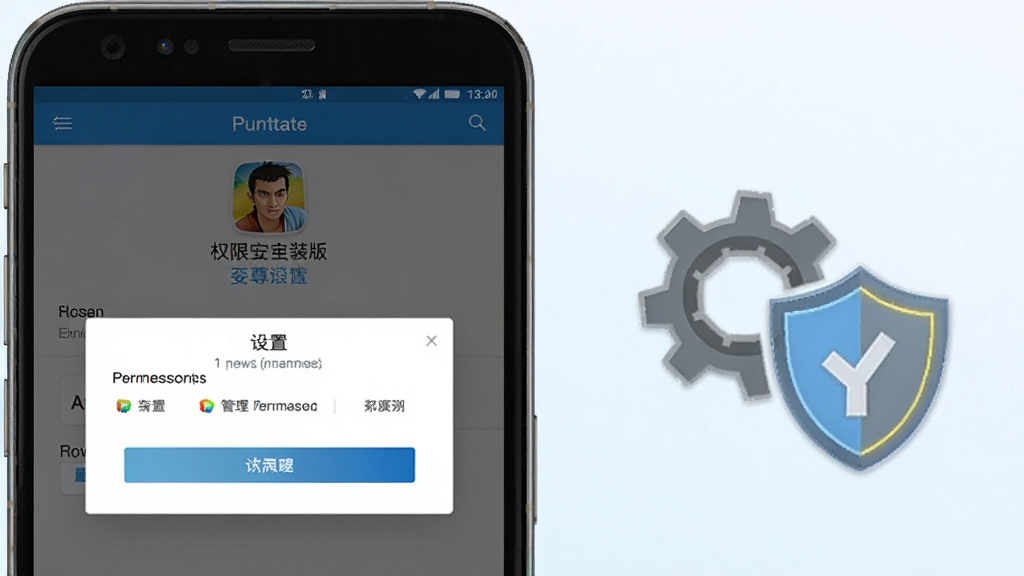 至尊宝安卓版安装与权限设置操作示意图,画面展示一部手机屏幕显示应用安装界面与权限管理弹窗,旁边配有齿轮与盾牌图标象征设置与安全,背景为浅色渐变,布局清晰,风格简洁实用,细节明确,画质高清,无多余装饰