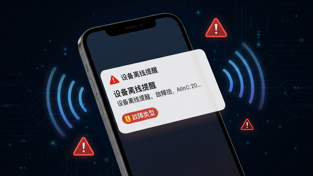 至尊宝智能告警推送功能示意图,画面展示一部手机屏幕弹出告警通知卡片,卡片上显示设备离线提醒与故障类型标签,手机周围有抽象的信号波纹与警示图标点缀,背景为深色科技风格,布局简洁,细节清晰,画质高清,干净无杂乱元素