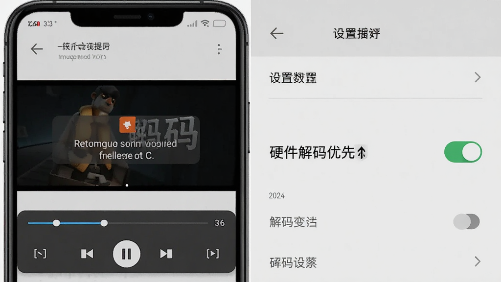 主体为手机播放界面出现卡顿提示与设置菜单的合成画面,布局为左侧播放画面、右侧设置选项并排,排版突出“硬件解码优先”开关,风格为数码教程插图风,细节包含进度条、解码标识、浅灰背景,画质清晰,画面干净,无多余元素