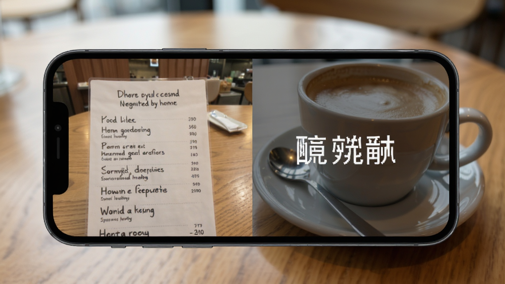 手机屏幕显示拍照翻译功能界面,左侧为拍摄的英文菜单图片,右侧同步显示中文翻译结果,界面采用左右分栏布局,背景为餐厅桌面与咖啡杯,风格现代简洁,屏幕内容清晰可读,整体画质细腻干净