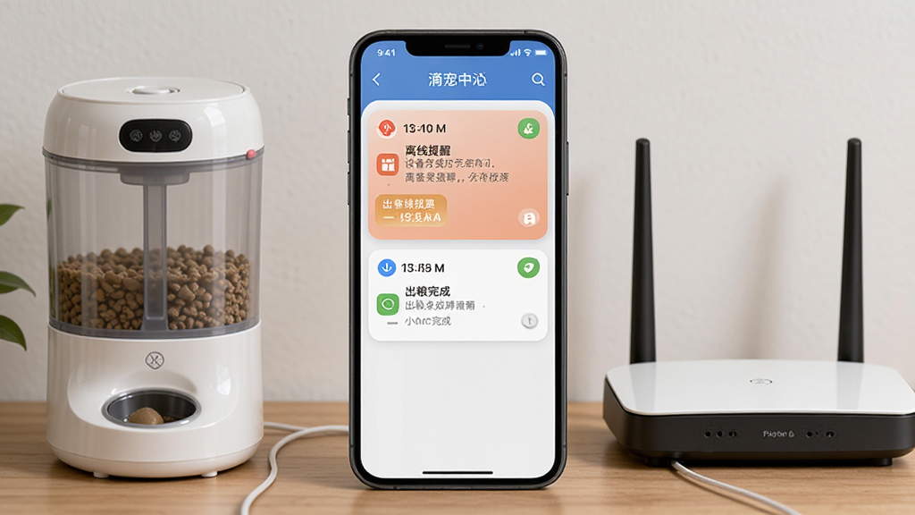 滴宠生活应用消息中心界面展示,手机屏幕列出设备离线提醒与出粮完成通知,旁边放置智能喂食器与路由器,布局为手机居中、设备分列两侧,风格写实居家,细节突出通知卡片上的时间与状态标签,画质清晰干净