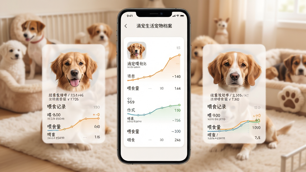 滴宠生活宠物档案页面展示,手机屏幕上有两只宠物的头像卡片与各自的喂食记录曲线,背景为温馨的宠物活动区,布局采用手机居中、宠物在两侧的三角构图,风格柔和写实,细节突出档案卡片上的体重与喂食量数据,画质干净无杂乱