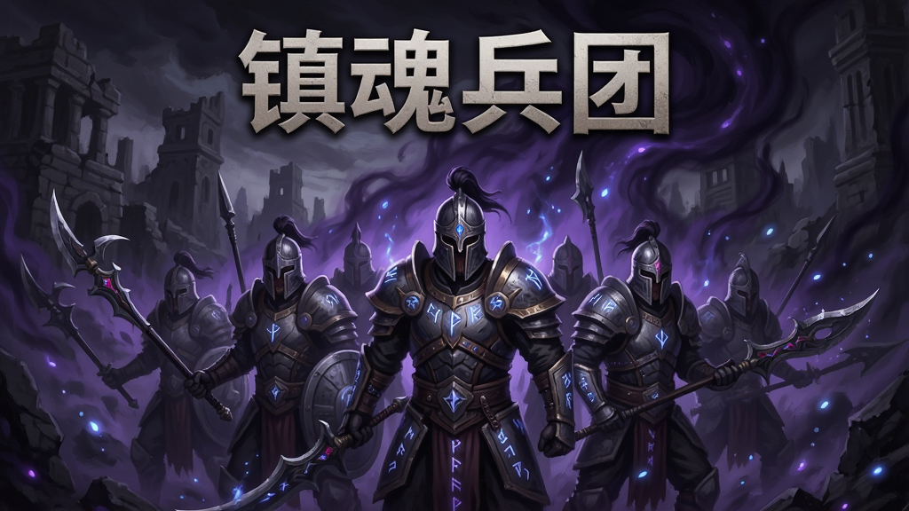 一幅暗黑魔幻风格的游戏主视觉图,画面中央是一群身披铠甲、手持武器的镇魂兵团战士,背景为破碎的古城与翻涌的暗紫色魂雾,画面顶部用粗体字写着