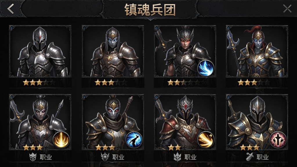一张游戏角色招募界面的示意图,画面中展示六位不同职业的镇魂者立绘排成两行,每位角色下方有星级与职业图标,界面顶部用文字标注