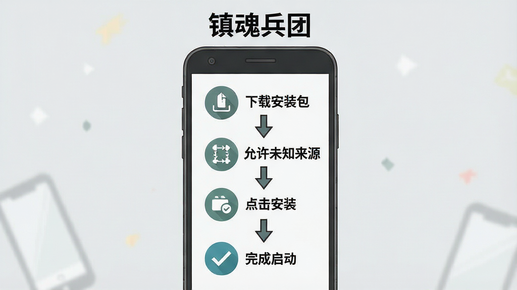 一幅手机安装APK文件的步骤示意图,画面中展示一部智能手机屏幕,屏幕上依次排列