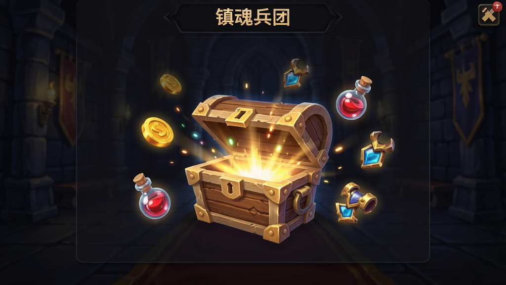 一幅挂机收益结算界面的示意图,画面中央为一个宝箱开启的动画效果,周围漂浮着金币、经验药水与装备碎片图标,背景为暗色城堡大厅,界面顶部标注