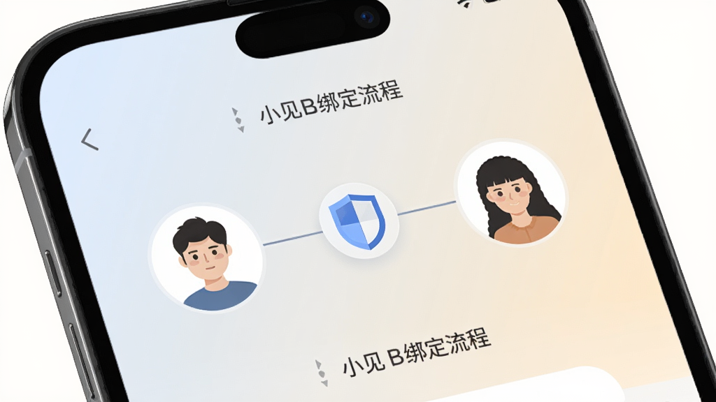 一部手机屏幕显示小见绑定流程界面,画面中有两个人物头像通过一条连线连接,连线中间有盾牌图标,背景为浅色渐变,风格简约现代,细节清晰,画质高清,无多余装饰