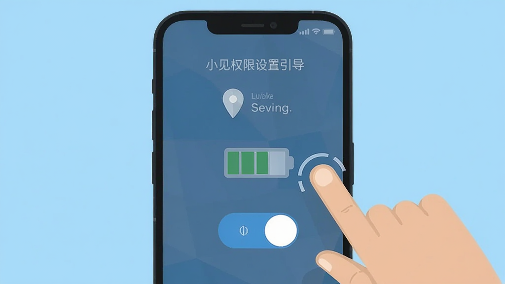 手机屏幕展示小见权限设置引导页面,画面中有定位图标、电池图标与开关按钮,旁边有手指点击动作示意,风格扁平化,浅蓝色背景,细节清晰,画质干净,无多余元素