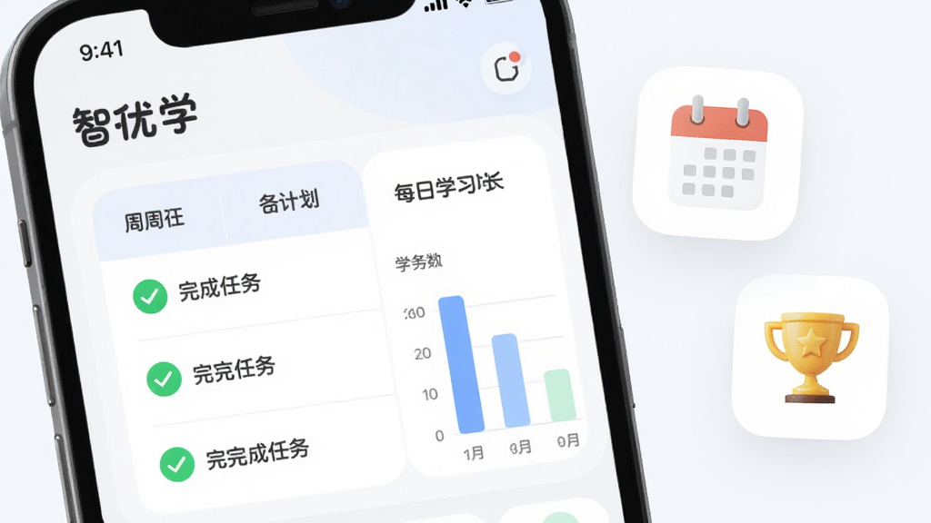 画面为“智优学”软件的学习计划页面截图风格,手机屏幕显示一个周计划表格,表格内用绿色对勾标记已完成任务,旁边有柱状图展示每日学习时长;手机右侧漂浮着一个日历图标和一个奖杯图标,整体排版简洁有序,风格柔和圆角卡片式设计,浅色背景,画质清晰无杂乱