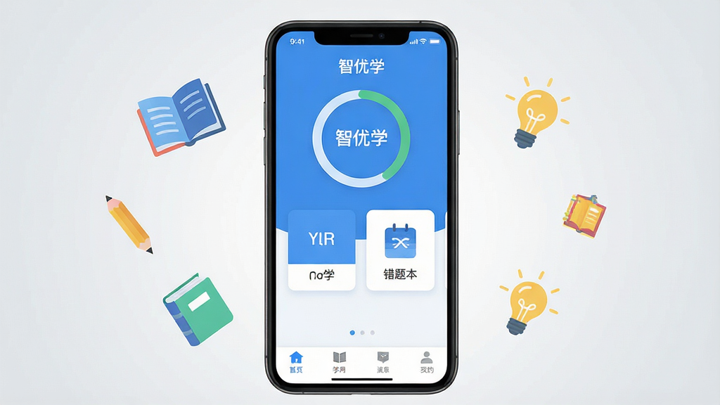 画面中央是一部竖屏智能手机,屏幕内显示“智优学”软件的主界面,界面以清新蓝白色调为主,上方有学习进度环,中间是单词卡片与错题本图标,下方是底部导航栏;手机周围漂浮着书本、铅笔、灯泡等学习元素图标,背景为浅灰色渐变,整体风格简洁现代、扁平化设计,画质清晰干净,无多余杂乱元素
