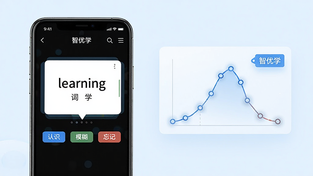 画面展示“智优学”软件内部的词汇学习界面,手机屏幕中央是一张单词卡片,卡片上写着英文单词“learning”及中文释义,卡片下方有“认识”“模糊”“忘记”三个彩色按钮;手机旁边悬浮着一个由数据节点连接成的记忆曲线图表,图表旁有“智优学”字样的小标签,整体布局左手机右图表,风格清爽科技感,浅蓝背景,画质干净清晰