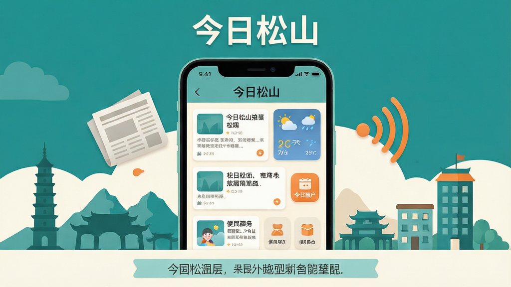 一幅以“今日松山”为主题的手机应用展示场景图,画面中央是一部竖屏安卓手机,屏幕内呈现清晰的信息流新闻列表界面,顶部有“今日松山”文字标识,列表包含新闻卡片、天气小模块与便民服务入口;手机周围以扁平化插画方式环绕松山地区的地标剪影、报纸、广播信号波纹与社区楼房元素;整体布局居中对称,上方留白放置应用名称,下方为简洁说明横条;风格为现代扁平插画加轻拟物,色调以松石绿与暖白为主,点缀橙色强调色;细节上手机边框圆润、图标清晰、文字排列整齐无错乱;画质高清、画面干净、无多余杂乱元素