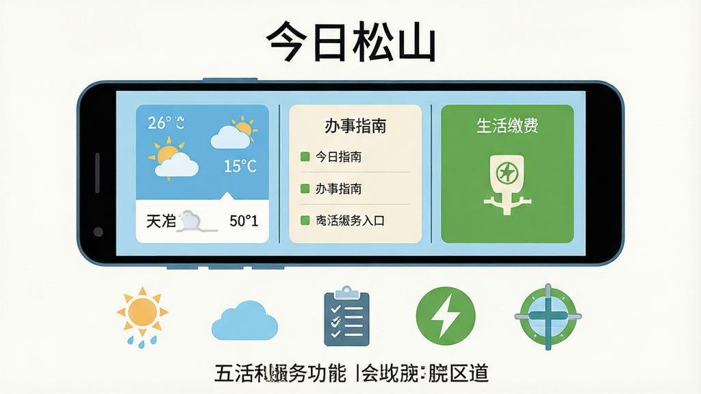 一幅表现“今日松山”便民服务功能的场景插画,画面主体为一部横向放置的安卓手机,屏幕内展示天气卡片、办事指南列表与生活缴费入口三个并列模块,模块之间以细分隔线区分;手机下方以扁平图标形式排列太阳云朵、文件清单、水电符号等元素;整体布局为上下结构,上方为软件名称“今日松山”字样,下方为功能说明区;风格为清爽扁平矢量插画,色调以浅蓝、米白与草绿为主;细节上图标线条统一、文字清晰、留白充足;画质干净、无多余装饰元素