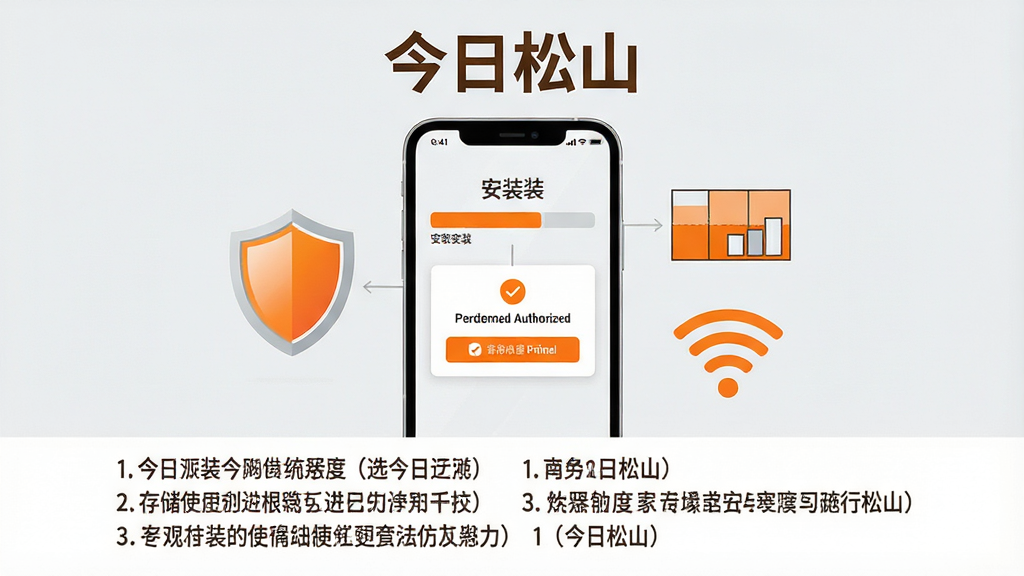 一幅表现“今日松山”安装与使用注意事项的示意图,画面为一部手机屏幕显示安装进度条与权限授权弹窗,手机旁配有盾牌图标、存储空间示意图与WiFi信号符号;整体布局为居中构图,上方放置“今日松山”名称,下方为分点说明文字区;风格为简洁信息图风格,色调以浅灰、白色与警示橙为主;细节上图标语义清晰、文字排版整齐、留白适度;画质干净、无多余元素
