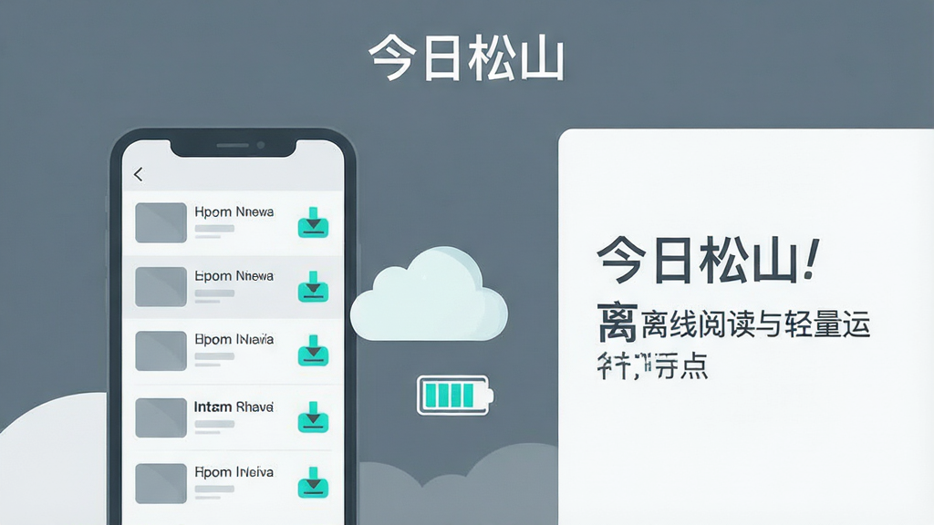 一幅体现“今日松山”离线阅读与轻量运行特点的示意图,画面中央为一部手机屏幕显示已缓存的新闻列表,列表项带有小型下载完成标记,手机右侧漂浮着轻薄的云朵与电池图标,象征低耗与缓存;整体布局为左右结构,左侧为手机主体,右侧为说明文字区域,顶部居中放置“今日松山”名称;风格为简约科技扁平风,色调以灰蓝与浅白为主,点缀少量青绿色;细节上图标简洁、层次分明、文字区域留白合理;画质清晰、画面干净、无杂乱元素