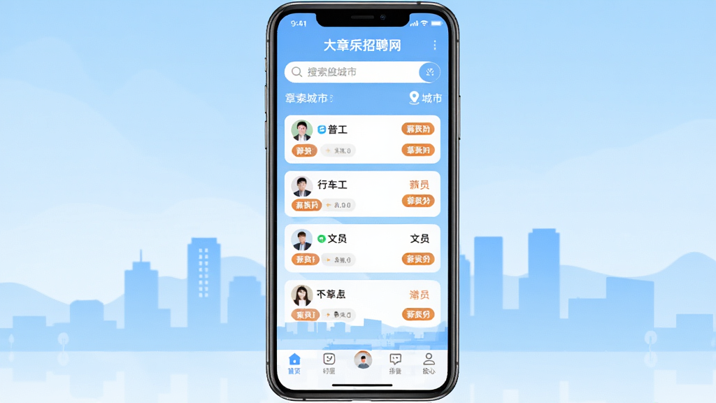 手机屏幕中央展示大章丘招聘网应用主界面,上方为搜索框与城市定位标识,中部为岗位卡片列表,包含普工、行车工、文员等职位条目,下方为底部导航栏,背景为章丘城市剪影与浅蓝色渐变,整体布局清晰对称,扁平化UI风格,细节包含图标、头像、薪资标签,画质清晰干净,无多余元素