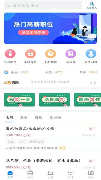 大章丘招聘网 安卓版 岗位列表界面