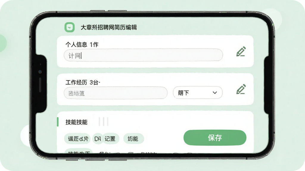 大章丘招聘网简历编辑页面示意,手机屏幕内展示个人信息、工作经历、技能标签等填写模块,模块以卡片形式纵向排列,右侧有编辑铅笔图标,背景为柔和浅绿色,界面风格简洁明快,细节包含输入框、下拉选项与保存按钮,画质清晰干净,无多余元素