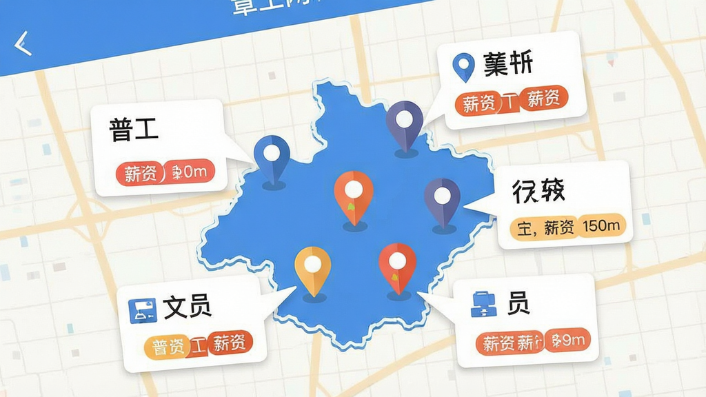 大章丘招聘网应用界面特写,画面中央为章丘地图轮廓,地图上分布多个定位标记点,每个标记点旁连接岗位信息小卡片,卡片上写有“普工”“行车工”“文员”等字样,背景为浅色网格,扁平化插画风格,布局疏密有致,细节包含定位图标与薪资标签,画质清晰干净,无多余元素