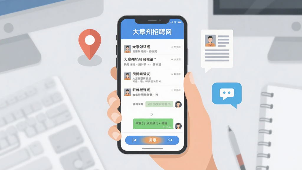 大章丘招聘网手机端操作场景插画,画面中一只手握持手机,屏幕显示岗位详情页与聊天对话框,旁边漂浮定位图标、简历图标与消息气泡,背景为浅灰色工作台面,扁平化风格,布局主体居中,细节包含手机边框、按钮高亮,画质清晰干净,无多余元素
