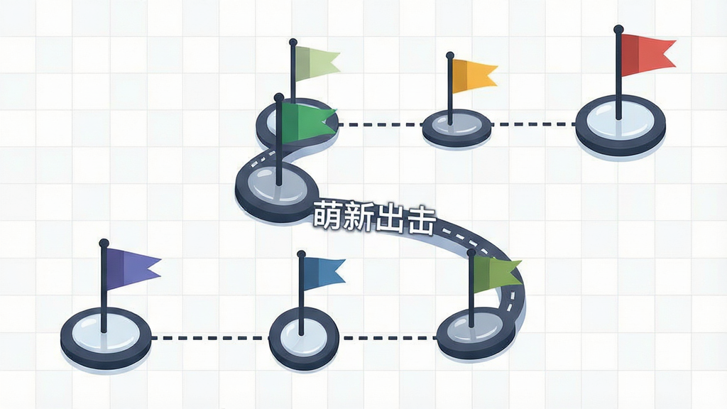 一张表现关卡推进概念的AI生图,主体为一条由多个圆形节点串联而成的路径,每个节点内放置不同颜色的小旗帜,路径呈S形蜿蜒分布在画面中,布局上路径占据画面主体,起点在左下角终点在右上角,排版简洁留白充足,风格为矢量扁平风,细节包含节点间的虚线连接、节点高光、背景淡色网格,画质高清干净,画面中文字为“萌新出击”,无多余元素。