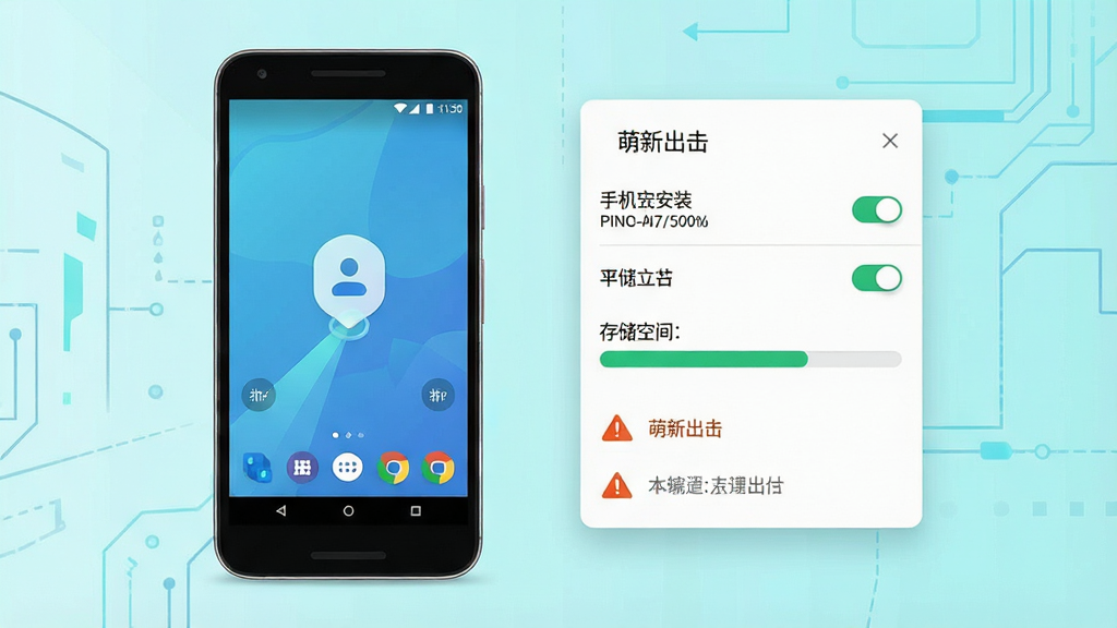 一张手机应用安装与权限设置的示意图,主体为一部安卓手机与悬浮的设置面板,布局上手机在左、面板在右并列展示,排版清晰分区,风格为简洁科技插画,细节包含权限开关图标、存储空间条、警告三角标识,画质干净高清,画面中文字为“萌新出击”,无多余元素。
