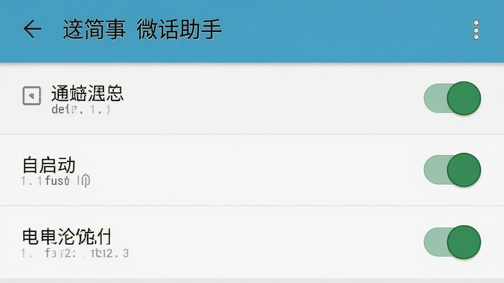 一张展示手机设置界面中微话助手权限管理页面的示意图,画面中通知使用权、自启动、电池优化三项开关均处于开启状态,界面为安卓原生设置风格,配色干净,画质清晰,文字可辨,无多余元素