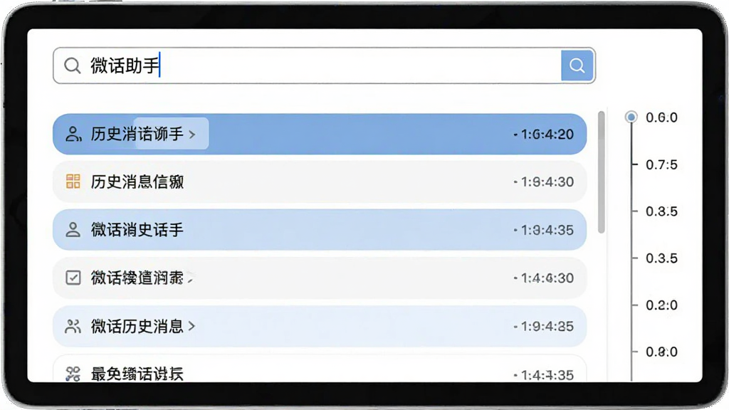 微话助手聊天记录检索界面展示图,画面中搜索框内输入关键词后,下方列表高亮显示匹配的历史消息条目,右侧带有时间轴导航,界面采用列表式布局,风格素雅,背景为白色,画质清晰,文字对比度良好