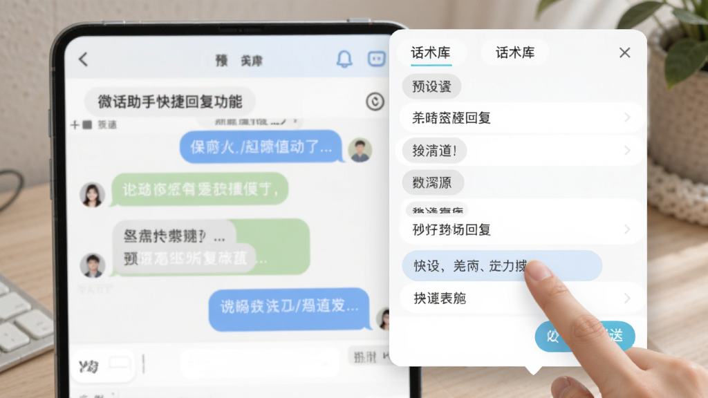 微话助手快捷回复功能界面示意图,画面展示聊天窗口旁侧弹出的话术库面板,面板内按分组列出多条预设回复文本,用户手指正点击其中一条进行发送,整体界面风格简洁,配色柔和,画质细腻,无杂乱元素