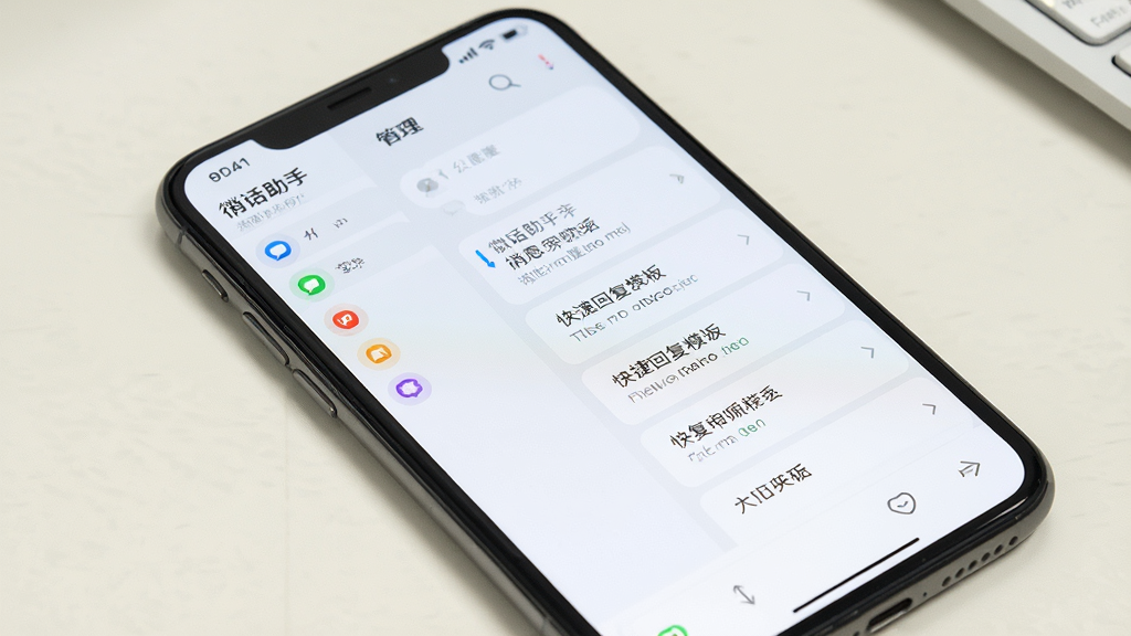 一张展示微话助手软件主界面的手机屏幕截图,画面中央是简洁的聊天管理面板,左侧排列消息分类图标,右侧显示快捷回复模板列表,整体采用浅色UI风格,背景为干净的纯色桌面,画质清晰,文字锐利,无多余装饰元素