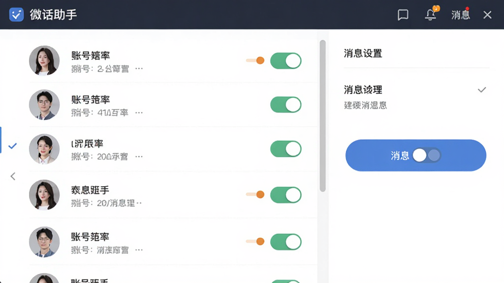 微话助手多账号管理界面示意图,画面中展示账号列表与切换按钮,每个账号旁带有独立的消息提醒开关,界面采用分栏布局,左侧为账号头像列表,右侧为设置选项,风格简约商务,画质干净,无多余装饰