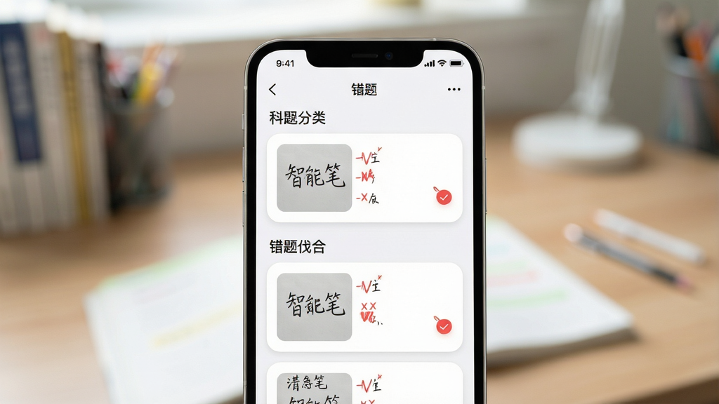 一张展示AI智能笔错题归集功能的场景图,画面为手机屏幕特写,屏幕上显示按科目分类的错题卡片列表,每张卡片带有手写原图缩略图与红色标记符号,背景为柔和的书桌虚化环境,布局为屏幕居中突出,风格为清新学习类应用界面风,细节包括卡片圆角设计与标记图标的清晰呈现,画质高清干净,无多余元素