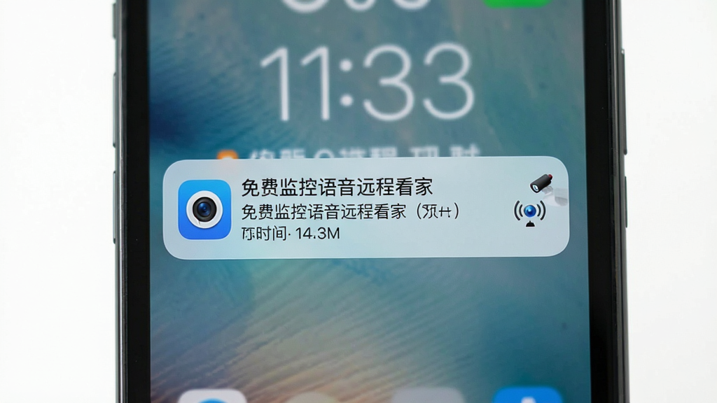 主体为手机锁屏界面弹出监控移动侦测提醒通知,布局为通知卡片位于屏幕中央,排版上下结构,风格简洁现代,细节包括通知上的