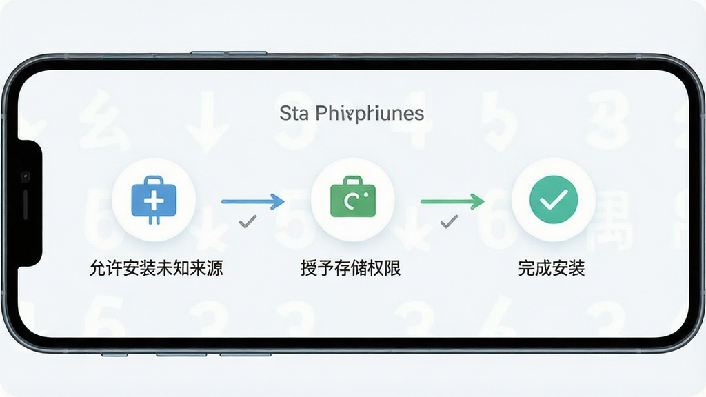 一张展示玄遇安装与权限设置流程的示意图,画面主体为一部手机屏幕,屏幕内以步骤条形式呈现安装向导界面,包含允许安装未知来源、授予存储权限、完成安装三个步骤图标,每个步骤配有简短文字标注,整体风格为清晰直观的引导式设计,细节包括进度指示、勾选标记与浅色背景,画质清晰,干净,无多余元素