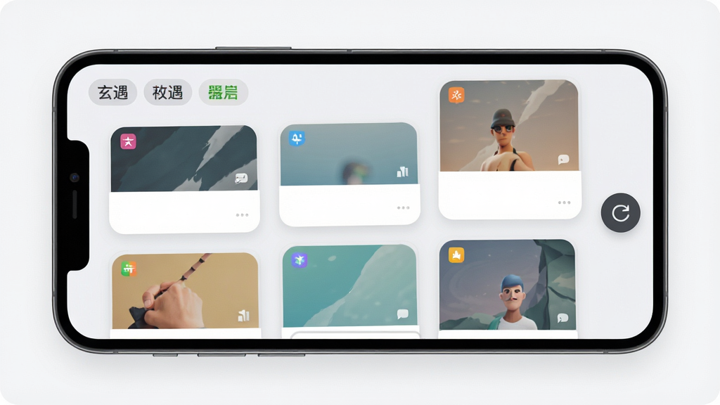 一张表现玄遇内容聚合功能的界面示意图,画面主体为一部横向倾斜的手机,屏幕内展示多个内容卡片按网格排列,卡片之间留有均匀间距,左上角有分类标签,右侧有刷新按钮,整体风格为简洁明快的现代UI风格,细节包括卡片圆角、浅灰色背景与彩色分类标识,画质清晰,干净,无多余元素