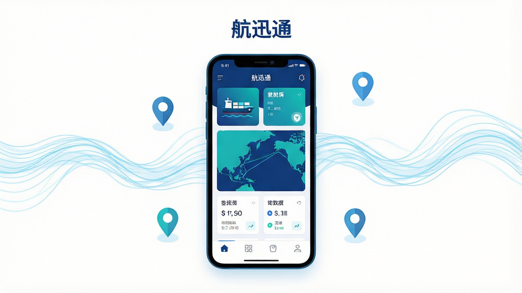 画面主体为一部竖屏智能手机,屏幕中展示航运信息类应用的首页界面,包含船舶图标、航线地图与数据卡片;布局采用居中构图,手机悬浮于画面中央,四周点缀淡蓝色波浪线条与定位标记;排版简洁,上方留白放置应用名称“航迅通”;风格为现代科技扁平化插画,配色以深蓝、青绿与白色为主;细节包括屏幕内清晰的模块分区、底部导航栏图标;画质高清,背景干净,无多余元素