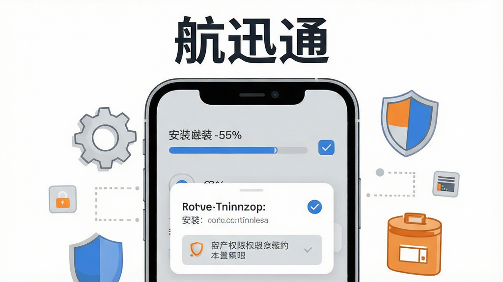 画面主体为一部手机屏幕特写,显示应用安装进度条与权限设置弹窗;布局为手机居中,周围环绕齿轮、盾牌与存储图标;排版上方留白放置“航迅通”字样;风格为简洁教程插画,配色以浅灰、蓝色与橙色点缀;细节包括进度百分比、勾选按钮与提示文字框;画质清晰,背景干净,无多余元素