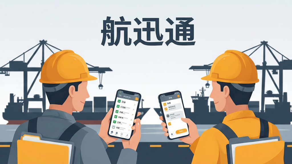 画面主体为两名航运从业者手持手机查看同一界面的场景,屏幕中显示任务清单与消息提醒;布局为左右双人构图,背景为港口码头剪影;排版上人物位于画面下方三分之一,上方留出应用名称“航迅通”字样;风格为商务插画风,配色以灰蓝、橙黄为主;细节包括安全帽、文件夹与手机屏幕内的勾选图标;画质细腻,背景干净,无多余元素