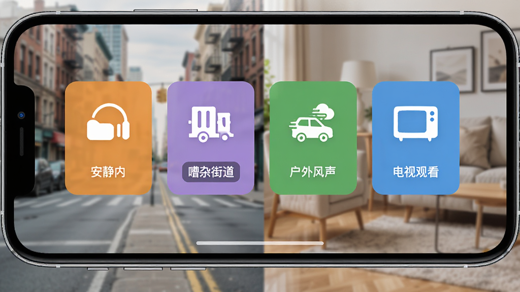 一部手机横屏显示随身助听场景模式选择界面,界面中有安静室内、嘈杂街道、户外风声、电视观看四个图标选项,背景为虚化的城市街景与家居环境拼贴,UI设计风格,色彩明快,高清画质,干净无多余元素