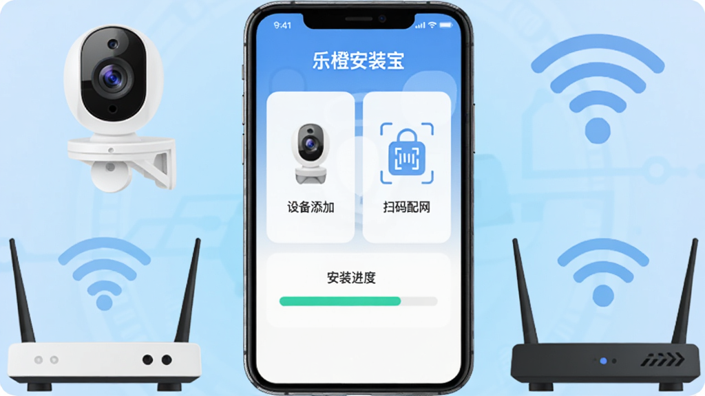 画面中央放置一部智能手机,手机屏幕上显示“乐橙安装宝”应用界面,界面中包含设备添加、扫码配网、安装进度条等模块,手机周围环绕智能摄像头、路由器、WiFi信号图标等元素,背景为浅蓝色渐变科技风格,整体布局简洁有序,采用扁平化插画风格,细节清晰,画质干净,无多余元素