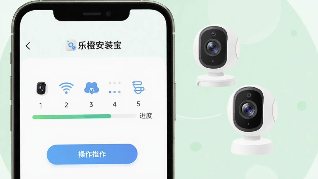 一部手机屏幕显示“乐橙安装宝”分步引导界面,界面中有步骤序号、进度指示和操作按钮,旁边漂浮着智能摄像头和网络连接图标,背景为柔和的浅绿色调,扁平化设计风格,画面干净整洁,画质清晰