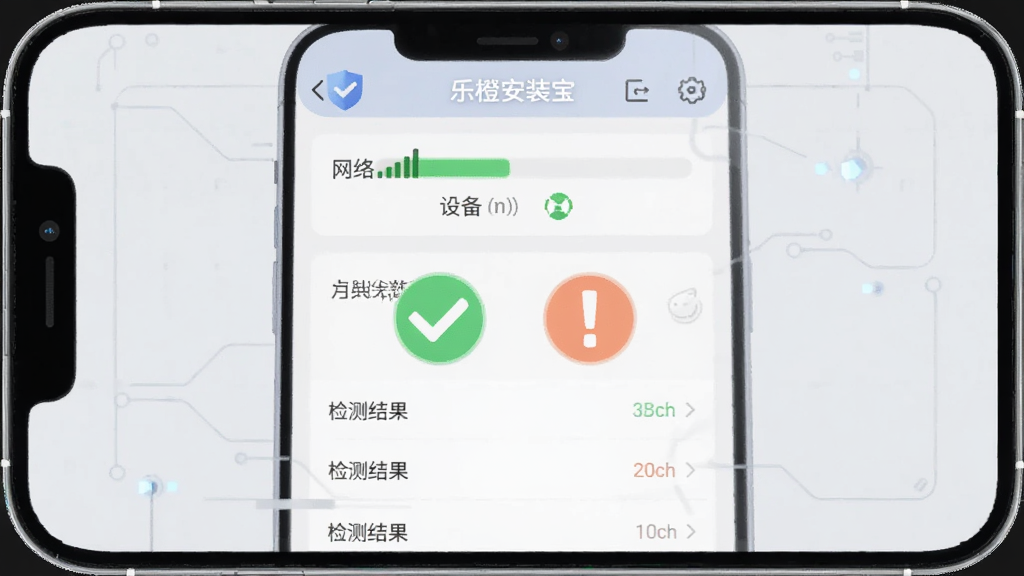 手机屏幕展示“乐橙安装宝”设备状态检测页面,页面中有网络信号强度条、设备在线状态图标、检测结果列表,背景为浅灰色科技感风格,画面中央有对勾和感叹号图标,扁平化插画,布局清晰,画质干净