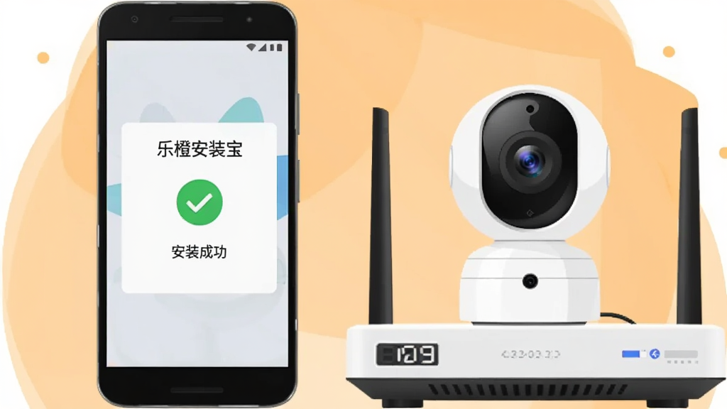 一部安卓手机屏幕显示“乐橙安装宝”安装完成提示页面,页面中有绿色对勾图标和“安装成功”字样,手机旁边放置智能摄像头和路由器,背景为浅橙色温暖色调,扁平化插画风格,布局简洁,画质干净,无多余元素