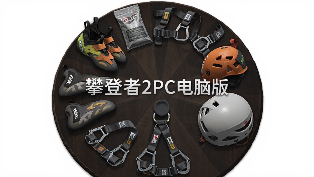 画面展示一个攀岩装备陈列界面,主体为攀岩鞋、镁粉袋、安全带、头盔等装备整齐摆放,布局上装备呈环形排列在画面中央,背景为深色木质展示台,排版为圆形放射式构图,风格为写实游戏道具展示图,细节包括装备的材质纹理、品牌标签、金属扣件的光泽,画质高清,干净,无多余元素,画面中打文字“攀登者2PC电脑版”